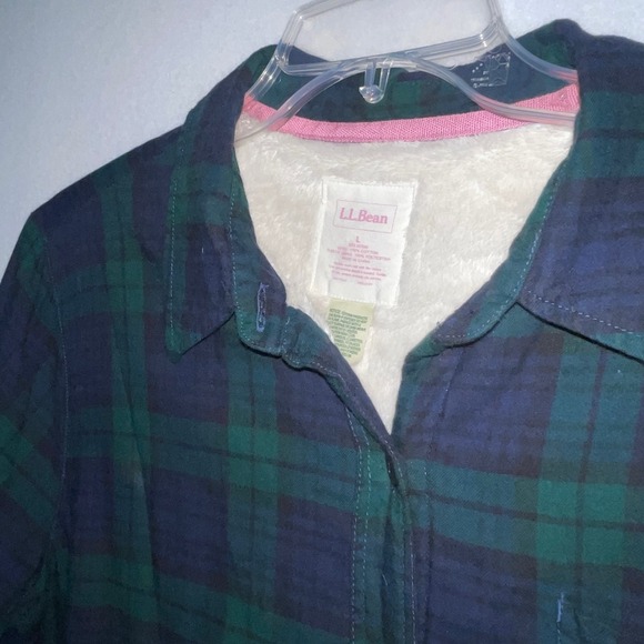 LL Bean Blue Green Plaid Fur lined‎ flannel shirt Women's Large - Picture 1 of 5